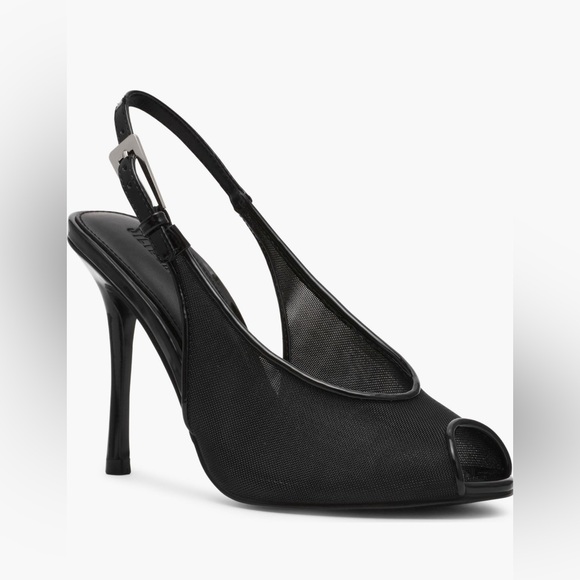 Steve Madden Elegant Black Mesh Slingback Heels Adjustable Strap Various Sizes - Picture 7 of 14